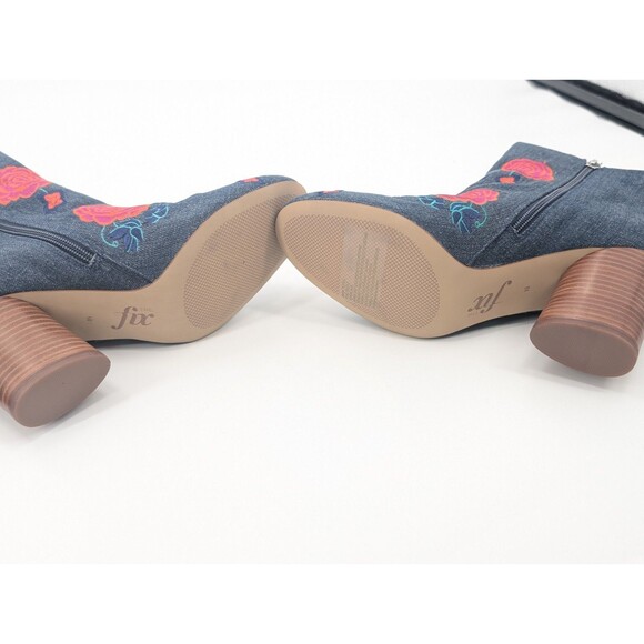 The Fix Nash Oval Heel Ankle Bootie Zip Floral Embroidery Indigo Denim Size 10 - Picture 5 of 7